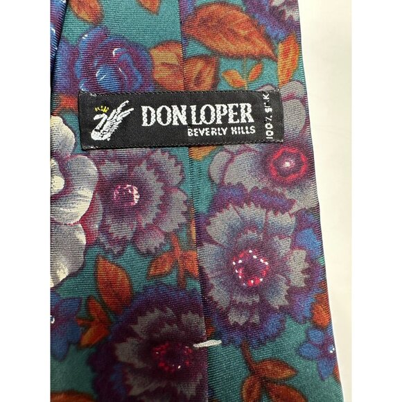 Don Loper Beverly Hills Floral Silk Tie Made In USA Teal & Purple 100% Silk - Picture 6 of 6